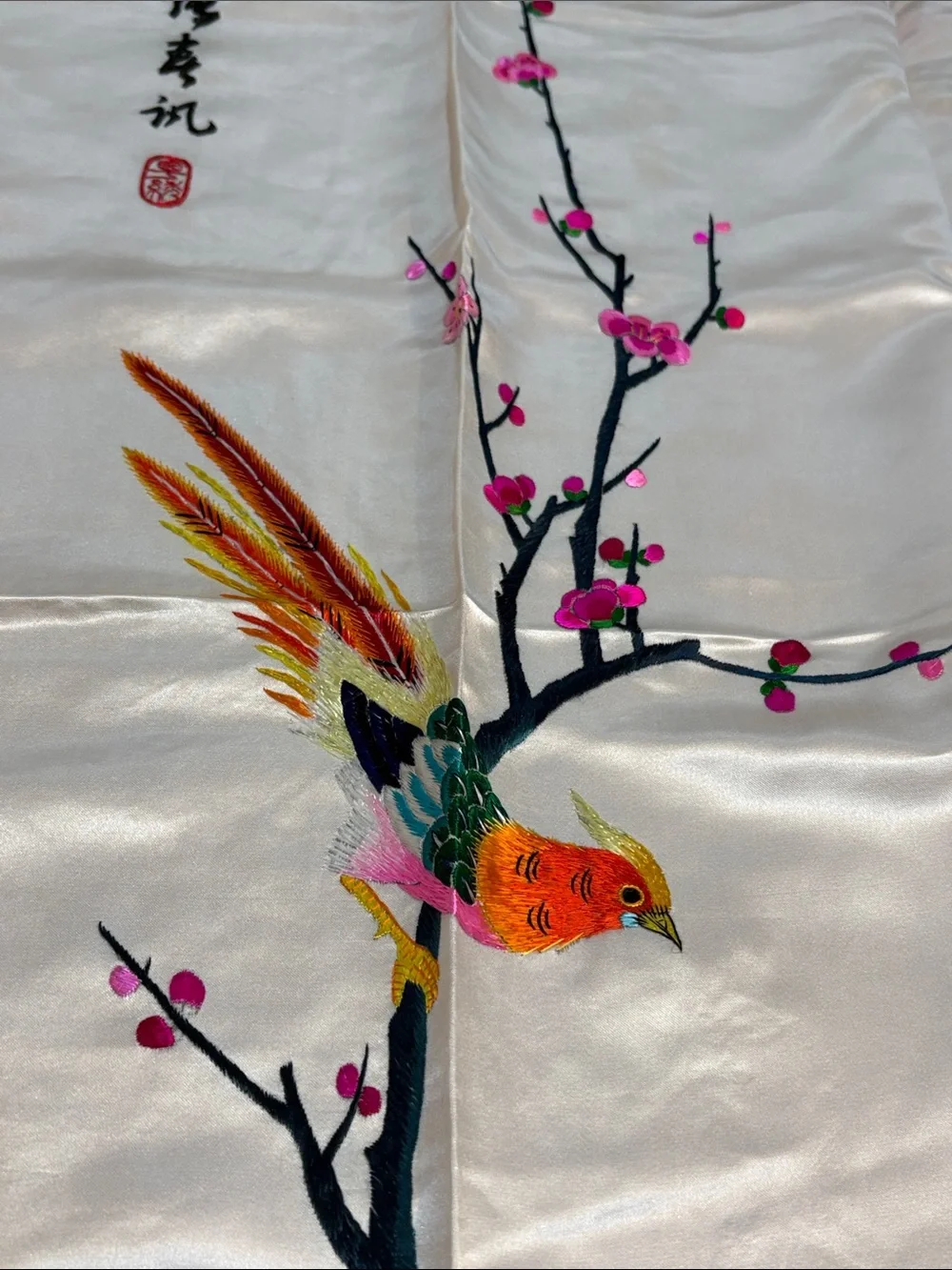 Vintage Chinese Silk Embroidered Bird & Blossom Wall Panel in White